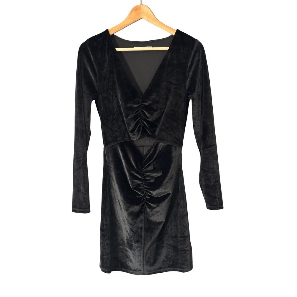 Abercrombie & Fitch Black Velvet Cutout Ruched Mini Dress Size S Long Sleeve
